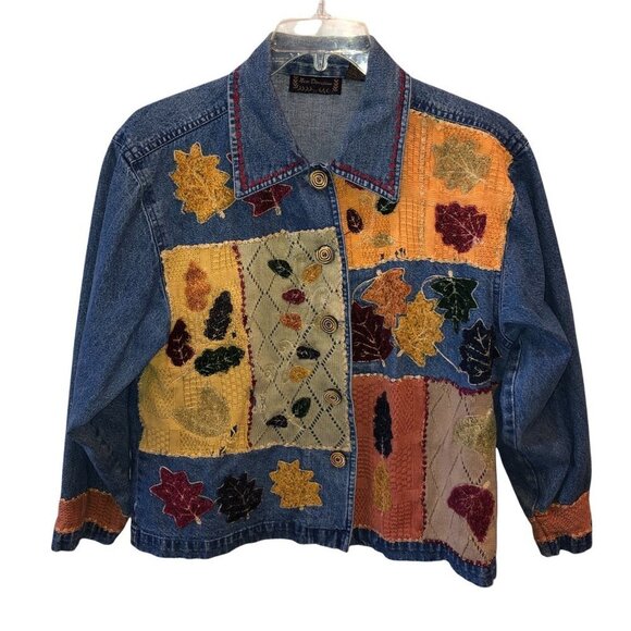 New Direction Womens Medium Blue Embroidered Leaves Button Up Denim Jean Jacket - Picture 2 of 11